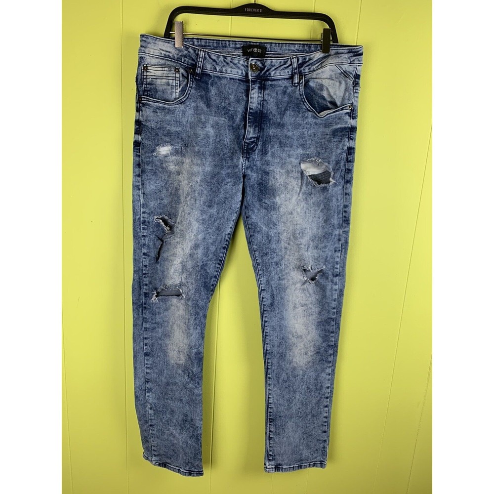 WT 02 Mens Jeans Size 38x32 Stretch Acid Blue Distressed